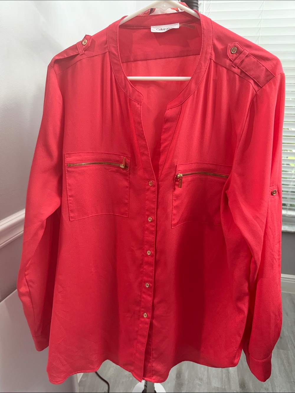 Calvin Klein Coral-Red Zip Pocket Button-Down Shirt